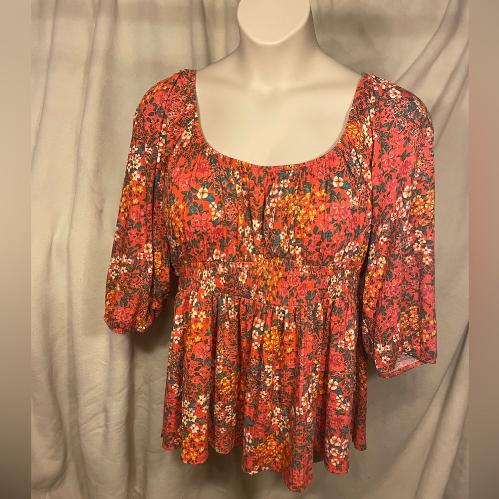 Torrid size 3 elastic neck  peasant blouse with smocked empire waist band.